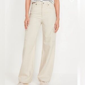 Old Navy Extra High-Waisted Sky Hi Wide-Leg Cargo Jeans Womens 14 Ivory Ecru
